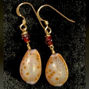 14k Gold Filled  earrings; Hawaiian Honey Cowries w/Garnet Beads